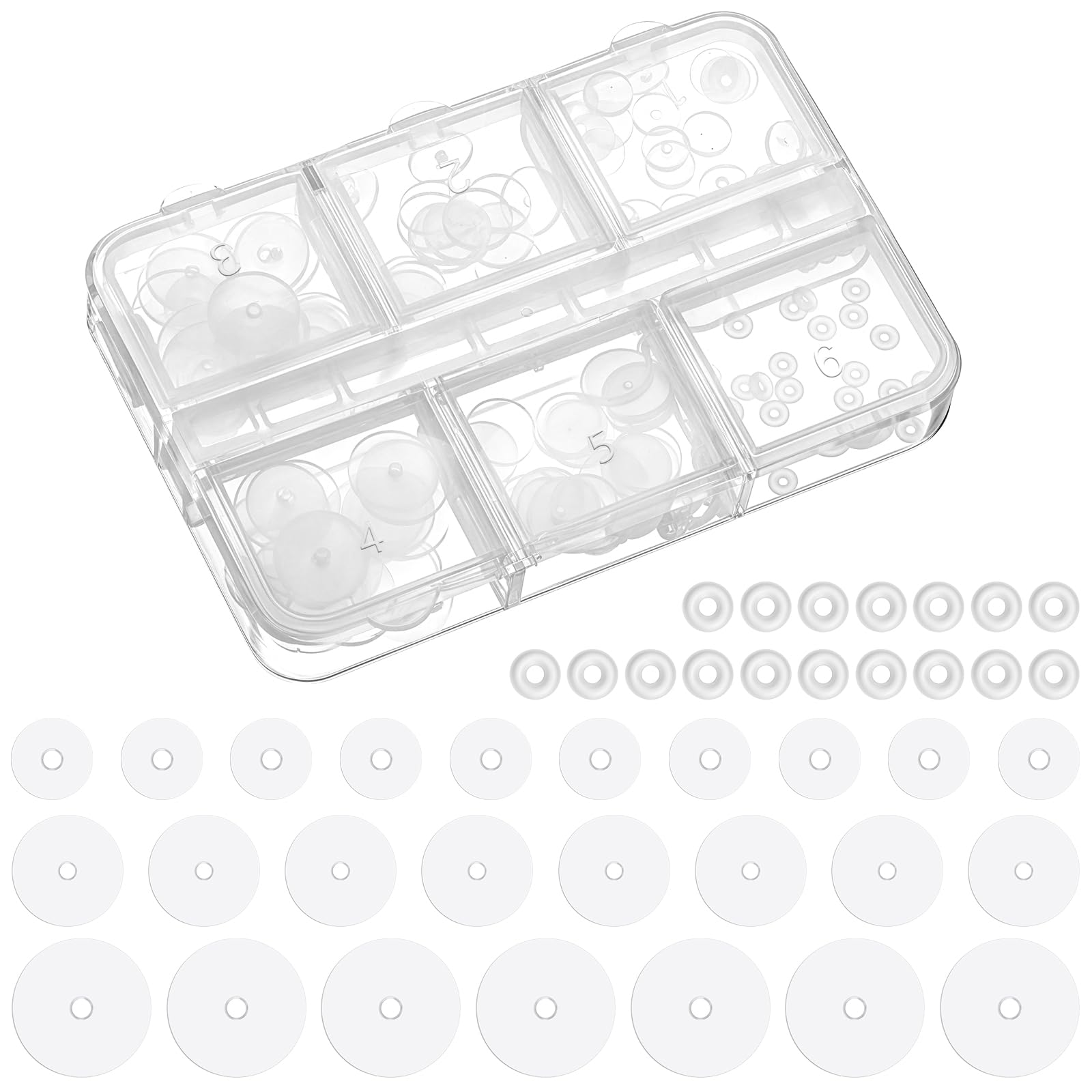 View 1 of 120pcs Silicone Earring Backs Stopper for Piercings Clear Piercing Disc 3/5/7/9 mm Plastic Soft Disc Pads for Earrings
