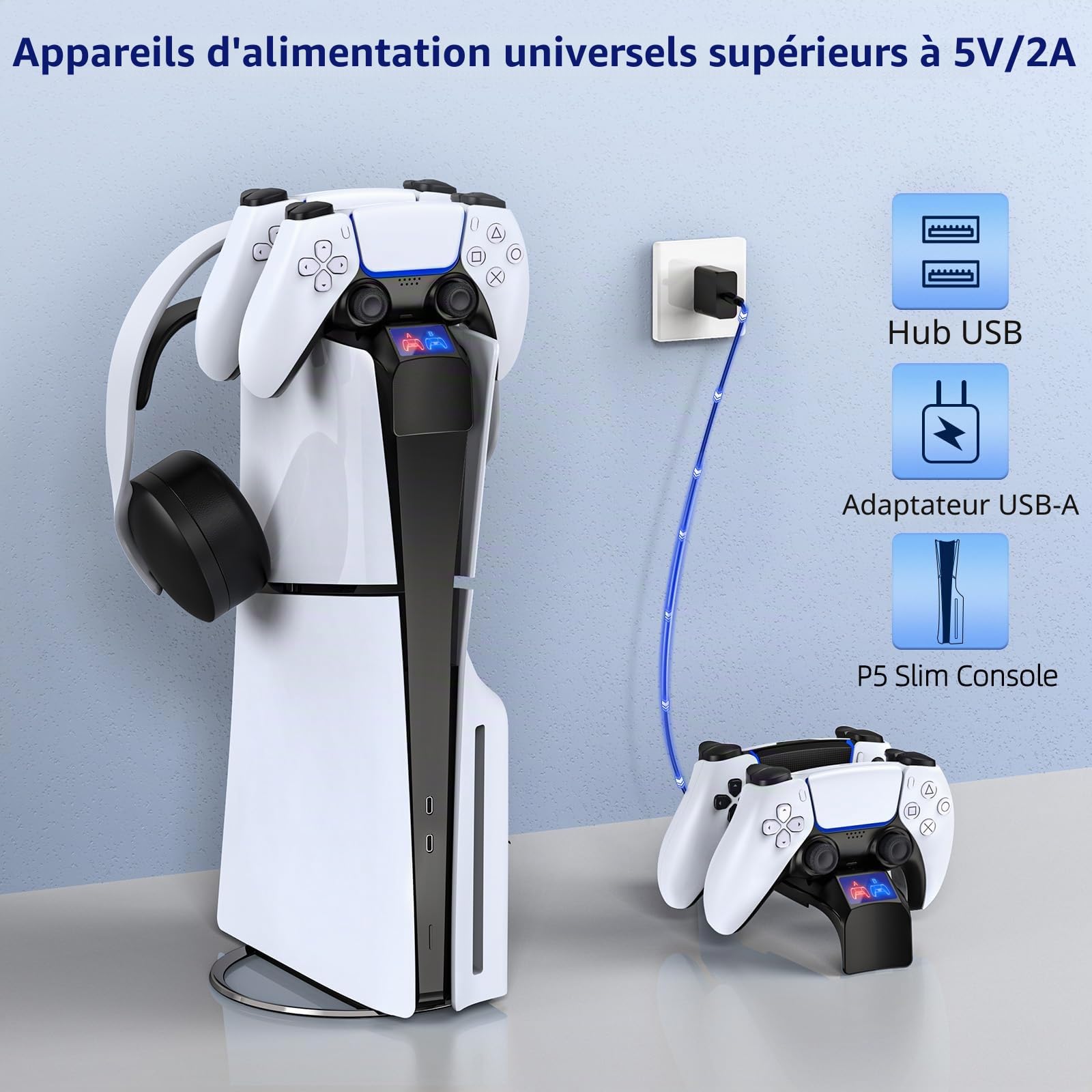 Support de Chargeur pour PS5 Slim Manette, Charge Uniquement pour Playstation 5 Slim Disc & Digital Console Accessoire avec Support pour Casque D'écoute