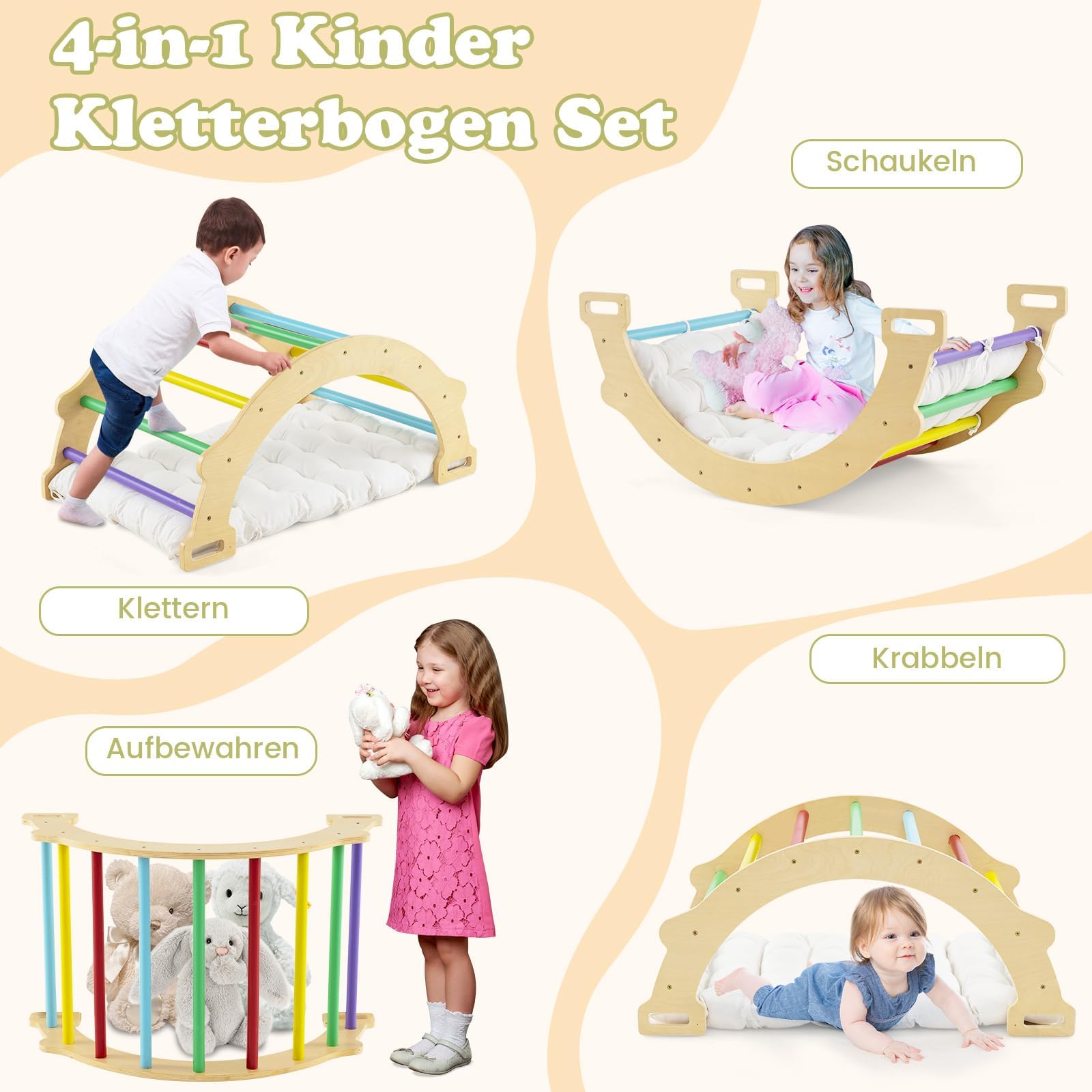 FANTASK Kletterbogen, zum Wippen, Klettern und Krabbeln, Indoor Kletterbogen aus Holz, für Kinder ab 3 Jahre (Bunt)