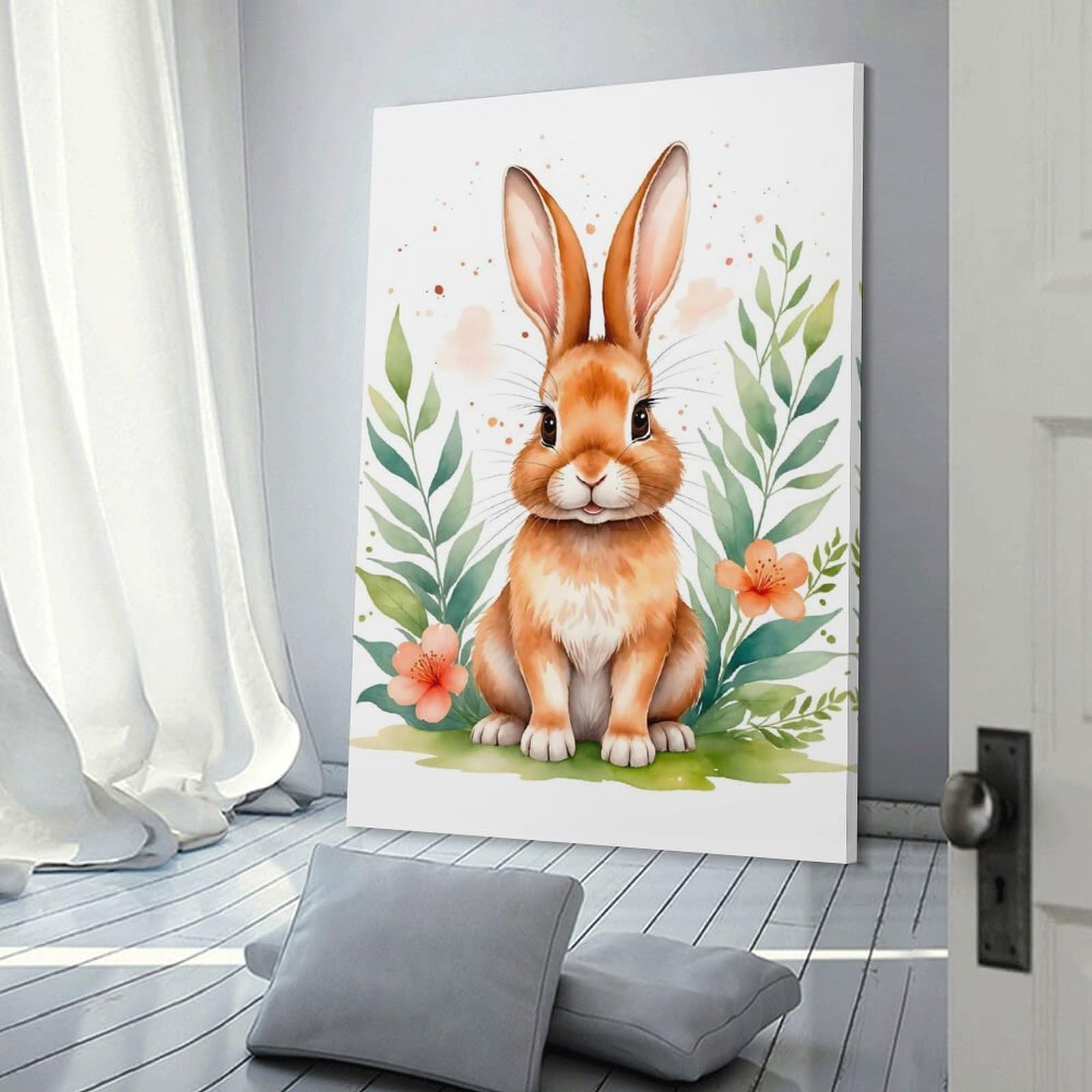 Junmoney Canvas Wall Art Cute Watercolor Bunny, 08x12inch(20x30cm), for New Homes, Bedrooms Or Workspaces, Canvas Artwork with Gifting Potential