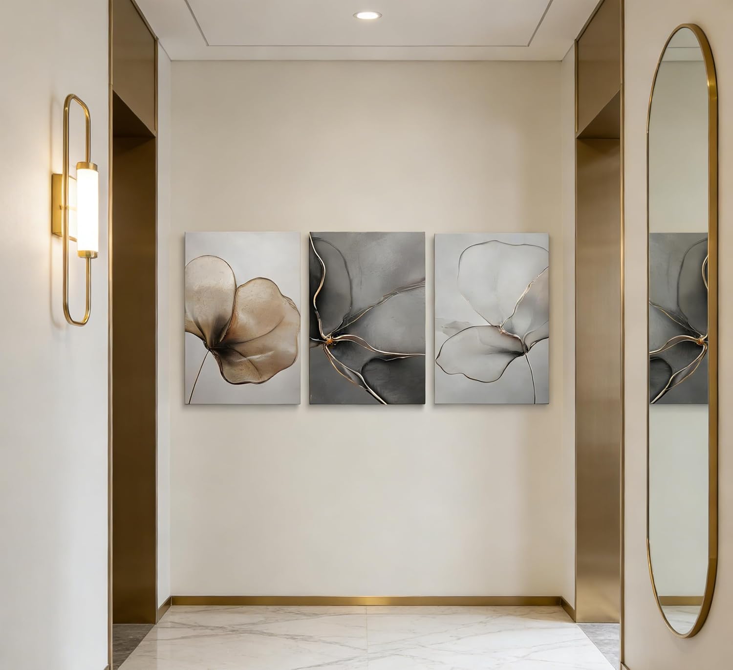 Abstract Floral Canvas Wall Art - Minimalist Gold Line Petal Picture Wall Decor - Modern Neutral Botanical Print Artwork for Living Room, Bedroom & Entryway Home Decoration 16x24in Beige Gray & Gold