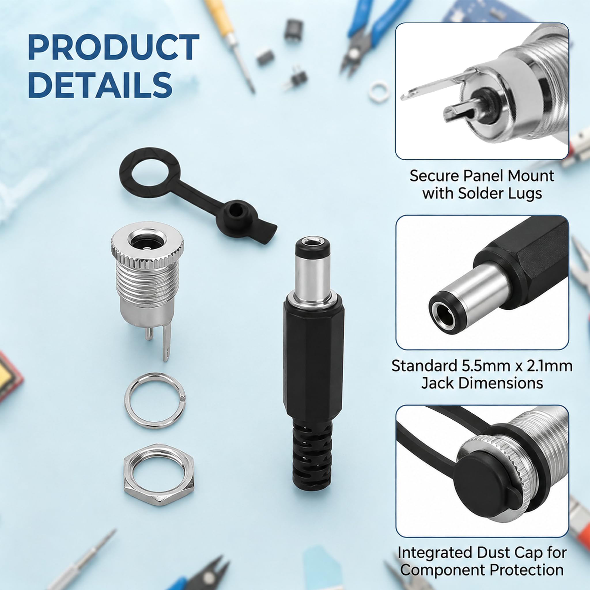 36 Stück DC Stecker Buchse Set, 5.5 x 2.1mm DC Buchse mit 5A Belastbarkeit, Niedervolt Steckverbinder mit Schutzkappen und DC Hohlstecker, Gleichstrom Anschluss für Kamera, Elektronik