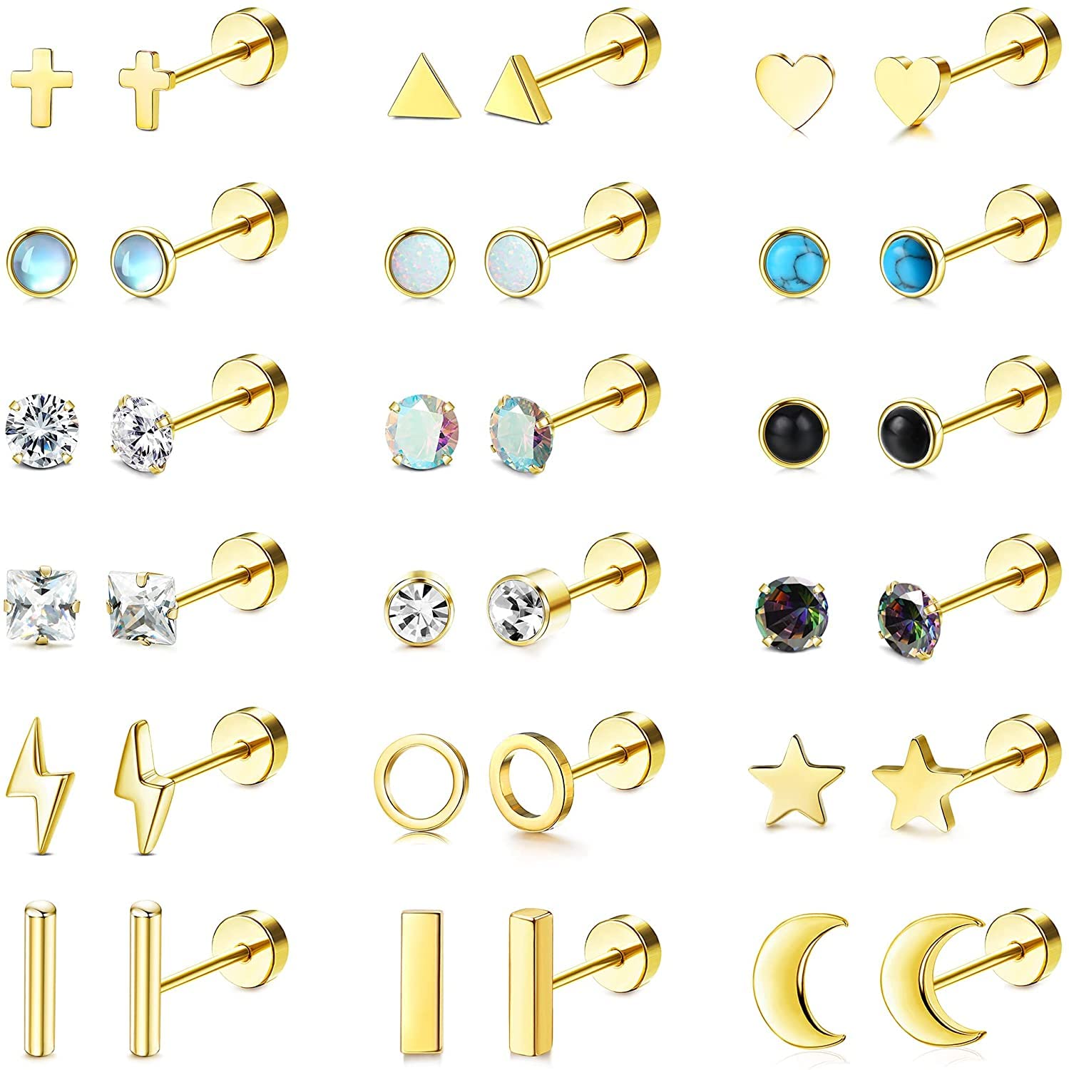 MILACOLATO 18 Pares Piercing Oreja Cartilago Pendientes Acero Quirurgico Mujer Cartílago Tragus helix Cartilago Pendientes Hélice De La Luna Estrella Corazón Disco CZ Piercing Joyería