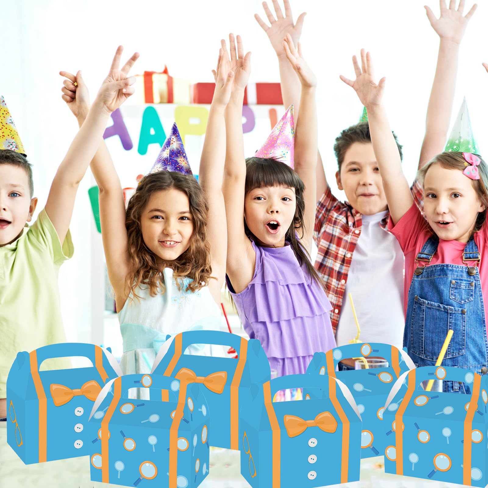 Zoketriton 24 Pack Orange Blue Party Favor Treat Boxes, Blue Orange Cartoon Print Party Goodie Candy Treat Present Boxes Recycled Party Favor Boxes for Birthday Party Supplies Decoration