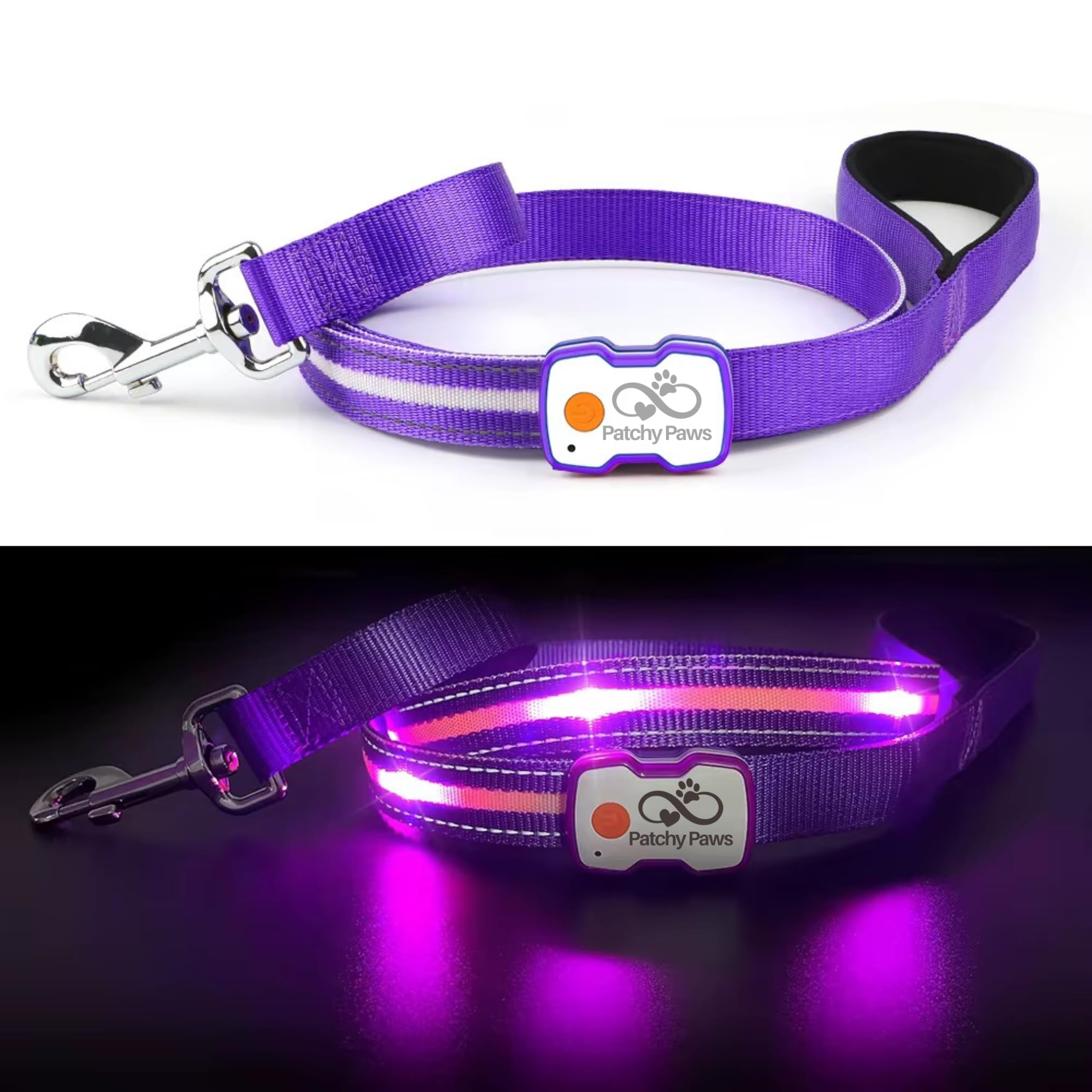 PATCHY PAWS, Matching LED Dog Collar & Lead Set, Rechargeable USB-C Light-Up Leash & Glow-in-the-Dark Collar for Night Walks
