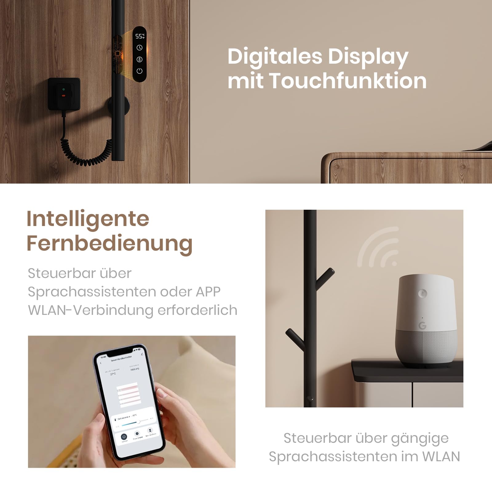 EMKE Handtuchheizkörper Elektrisch, Design Elektrischer Handtuchtrockner mit einer Stange, Intelligenter Einstellbare Temperatur Badheizkörper Handtuchhalter, Handtuchwärmer mit 6 Haken Schwarz