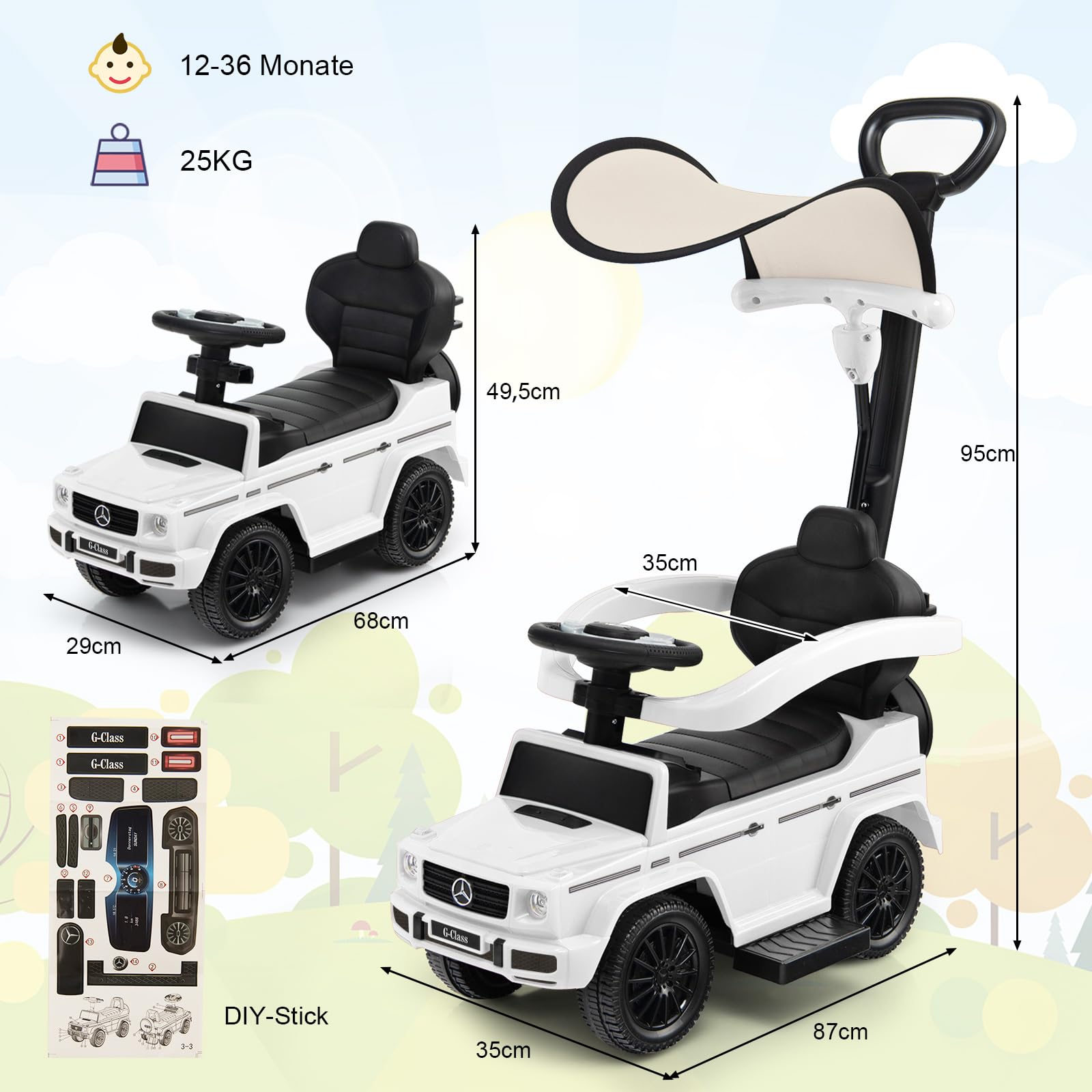 COSTWAY Mercedes Benz Rutschauto, 3 in 1 Rutscher Auto mit Sonnendach & Stauraum & abnehmbaren Schutzbügel & Schiebestange, Rutschfahrzeug mit Motorsound & Hupe, für Kinder ab 1 Jahr (Weiß)