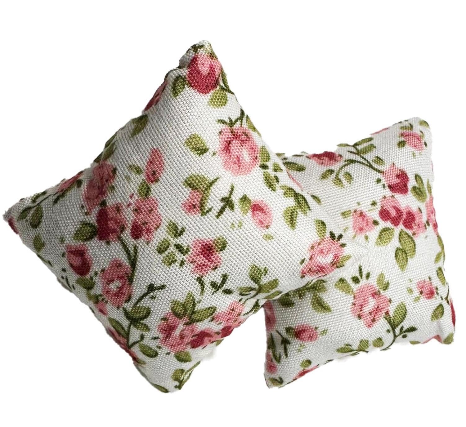 Melody Jane Dolls House Scatter Cushions Pink & Green Floral Square Throw Pillow Accessory