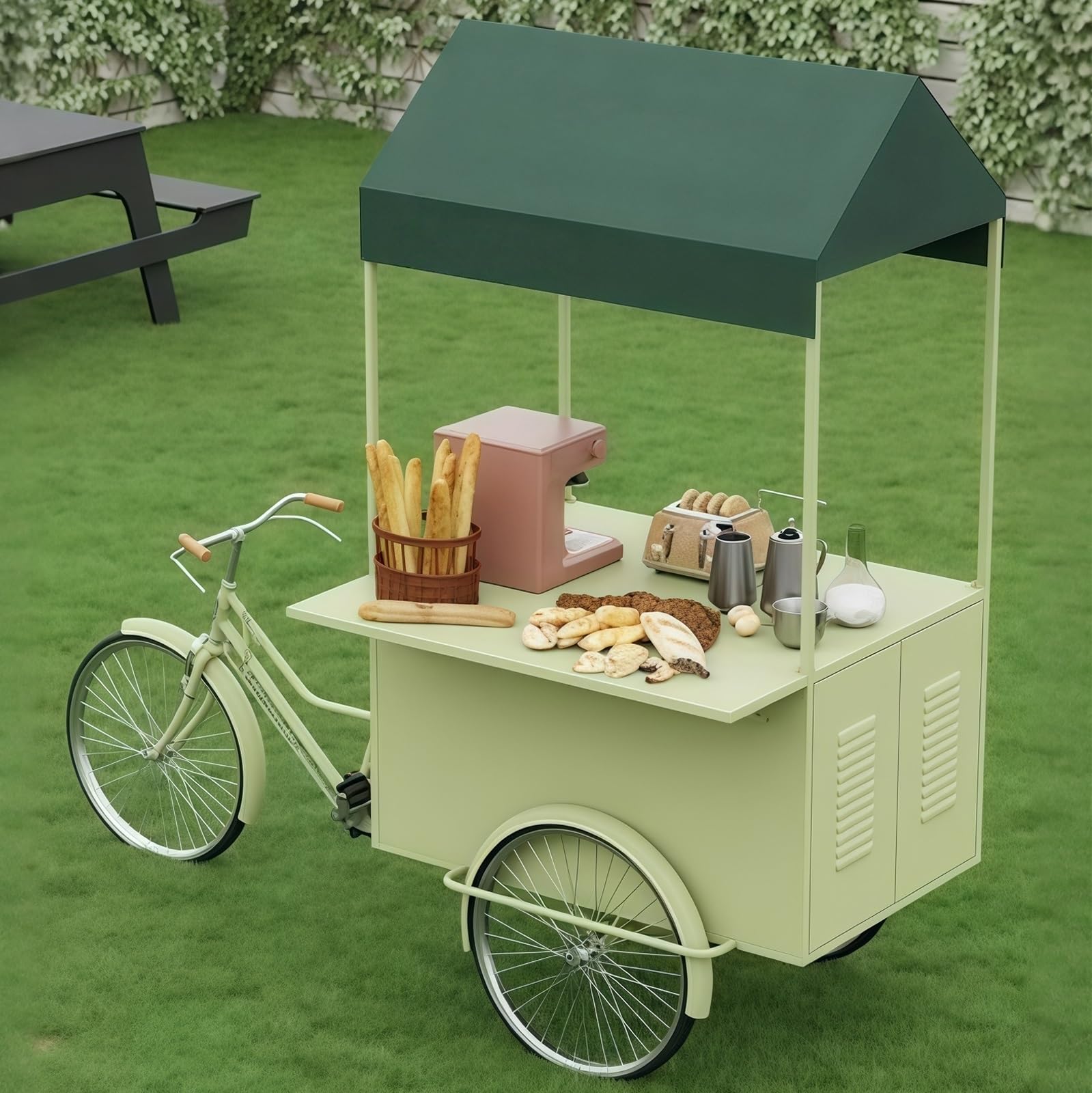 Mobile vending tricycle, Mobile Metal Cart Canopy Snacks Beverages Coffee Candy Multicolor(Light Green)