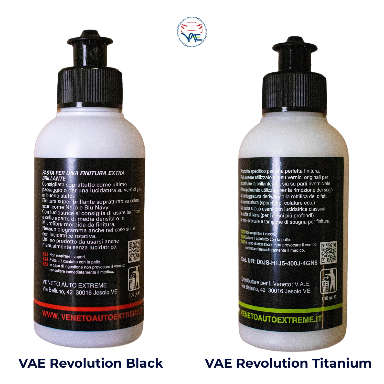 VAE Mini Kit Lucidatura Auto Manuale PLUS, Kit Completo Rimozione Segni Medio-Profondi, Revolution Titanium 100g + Revolution Black 100g, Spugna Lucidante e Panno Microfibra, Finitura Professionale