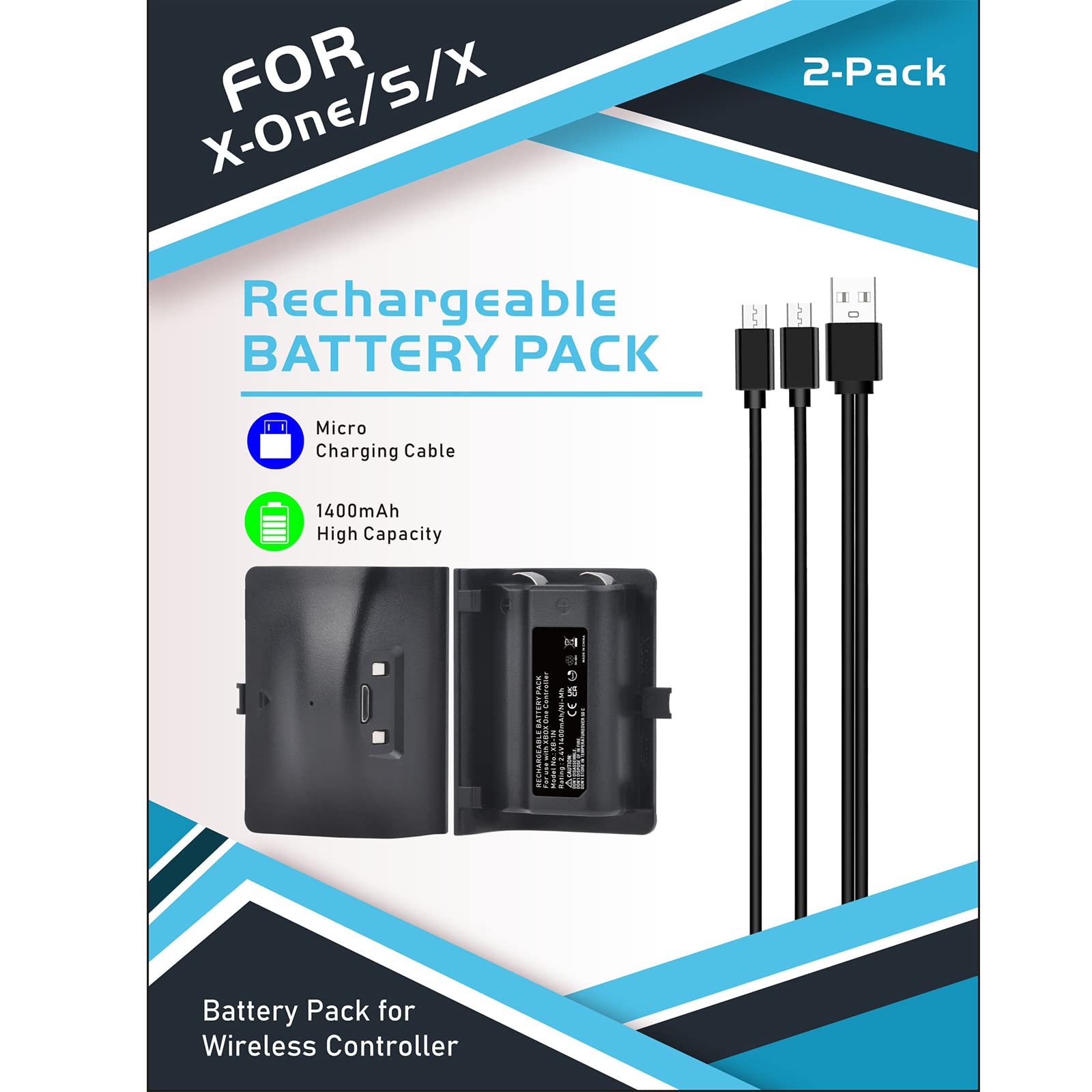 Xbox-One Akku 2 Pack 1400mAh Xbox Controller Akku Wiederaufladbarer mit Micro-USB-Ladekabel für Xbox-One X&S