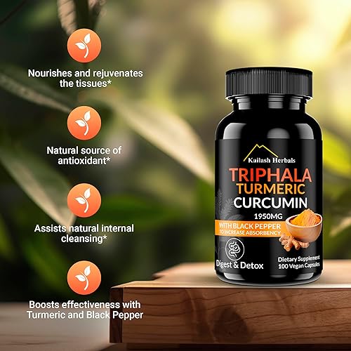 Miniatura 2 de Curcumina de cúrcuma Triphala 1950 mg con pimienta negra, 100 cápsulas veganas, suplemento dietético digesto y desintoxicante