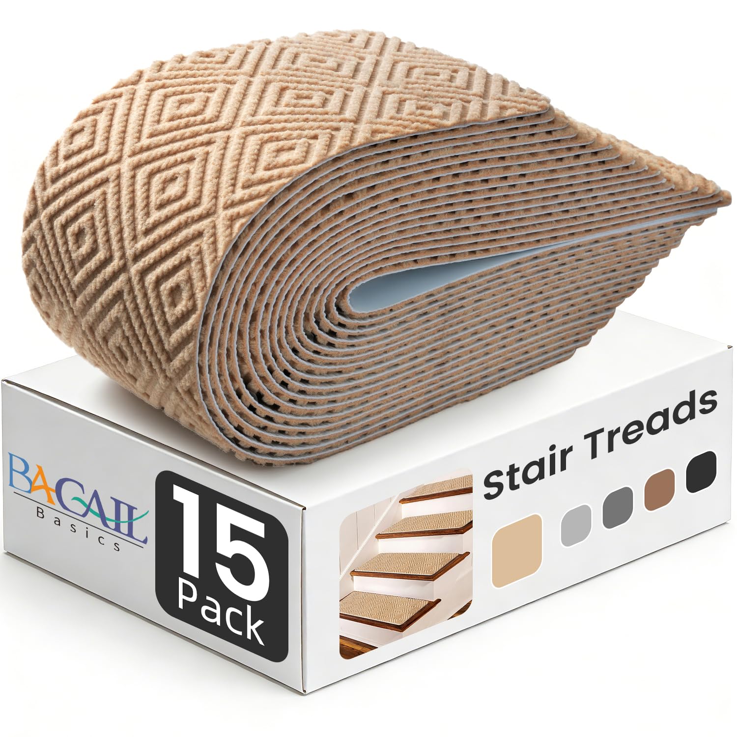 Photo 1 of BAGAIL BASICS 15-Pack Non-Slip Stair Treads 8"x30", Beige