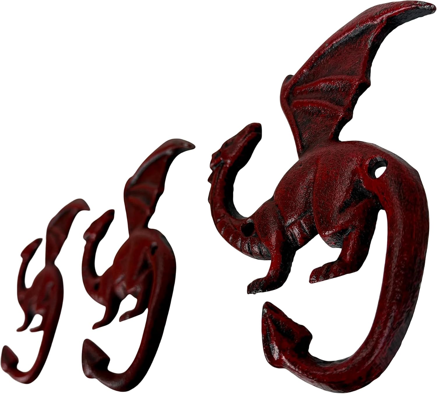 Things2Die4 Cast Iron Dragon Wall Hook Set of 3, Gothic Decorative Coat Hooks, Distressed Red Rust Finish, 5.25 x 5 Inch Wall Mounted Key Hat Bag Hooks for Entryway Bedroom or Game Room, Set of 3