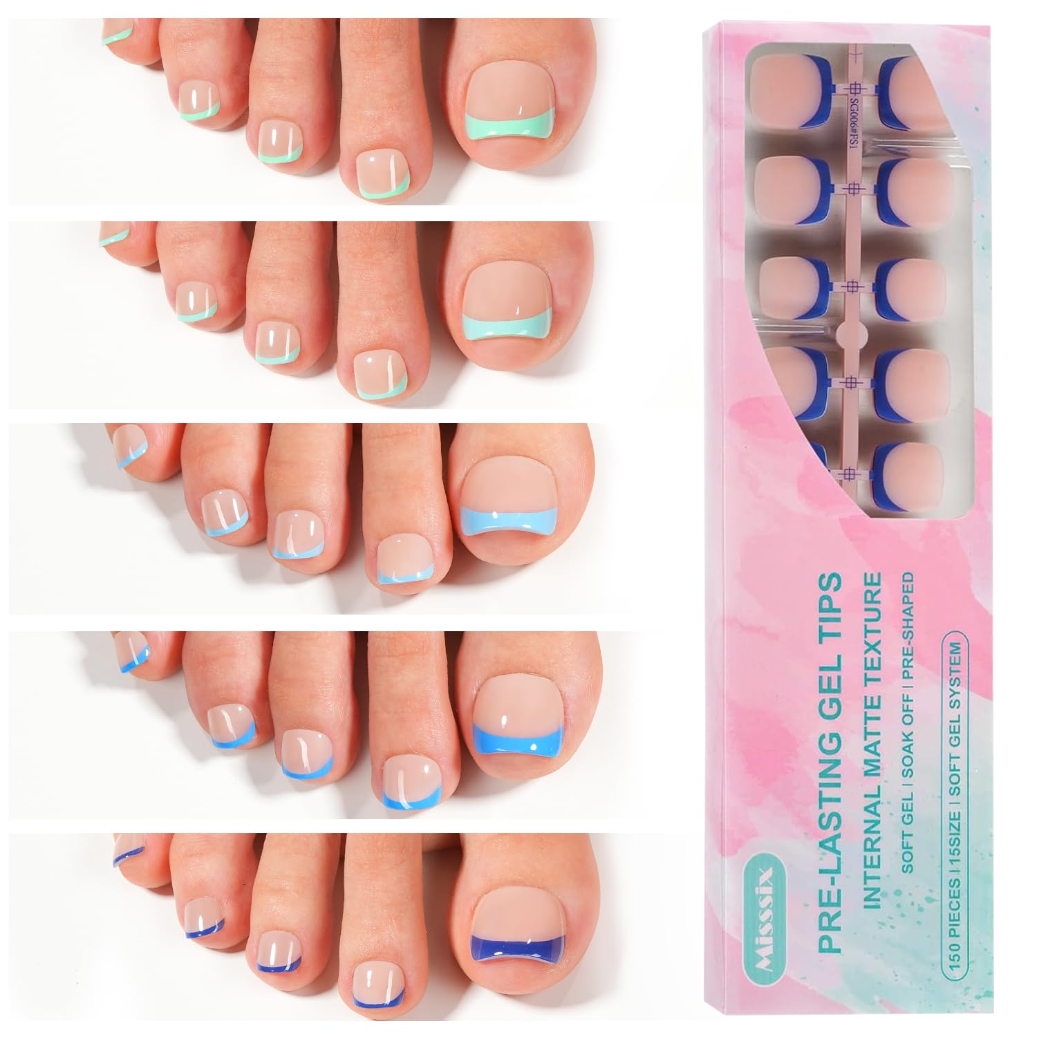 Misssix Press On Toe nails Short, 150Pcs Blue French Toenail Tips, Square Soft Gel Fake Toe Nail Tips Extensions for Women Nail Art DIY 15 Sizes