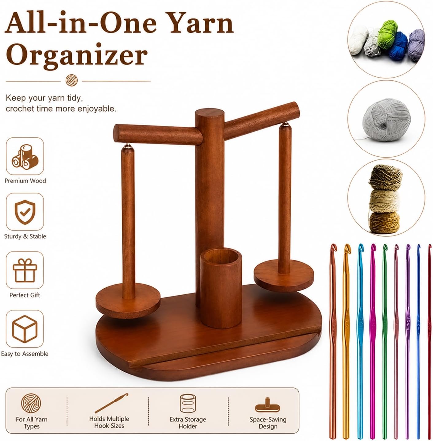 Wooden Yarn Holder for Crocheting & Knitting, Includes 9 Extra Crochet Hook, 360° Rotating Yarn Spinner with Dual Spindles, Hook Organizer & Phone Stand, Yarn Skein Holder for Crochet Accessories