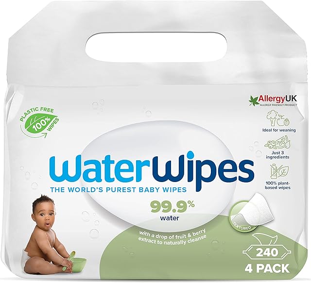 WaterWipes Plastic Free Textured Clean, Toddler & Baby Wipes, 240 Count (4 Packs), 99.9% Water Based Wet Wipes & Unscented for Sensitive Skin