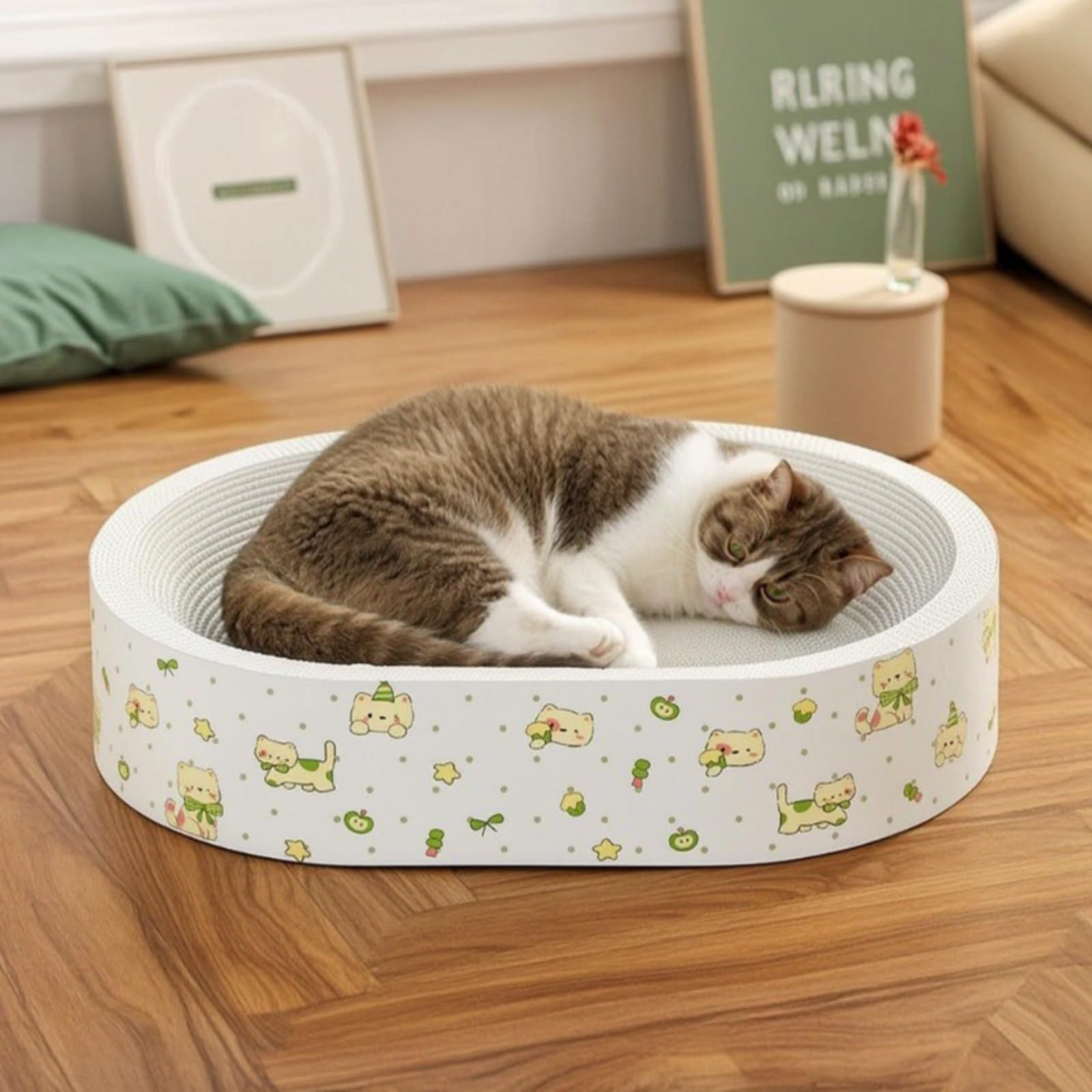 Kratzbett Katze Kratzschale Katzenbett Kratzbrett Liegenest aus Wellpappe mit Strukturierter Innenfläche Und Sauberem Look für Kratztraining Und Ruhe, Oval 55 cm, Cartoon