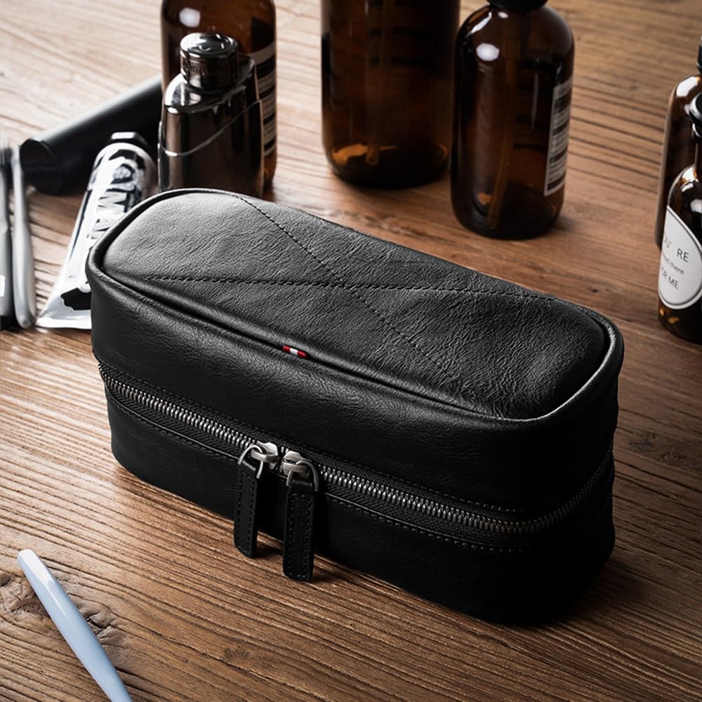 Kulturbeutel aus Leder for Herren – Reise-Dopp-Set und Hygiene-Organizer, perfekte Kultur-Reisetasche for Herren(Black)