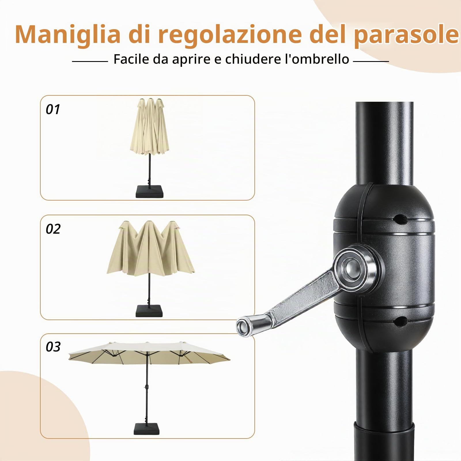 VOWNER Ombrellone da Giardino, Doppio da Patio Rettangolare, con Sistema di Apertura e Chiusura Manovella, con Base & Manovella, 4,4 x 2,6 m, per Giardino, Esterno, Beige