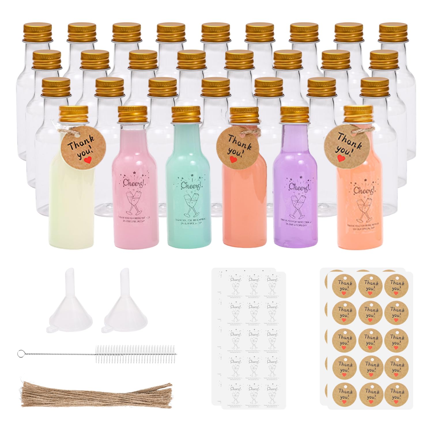 Lot de 30 mini bouteilles de liqueur en plastique réutilisables de 50 ml, avec bouchons à vis, brosse de nettoyage et 2 entonnoirs, petites bouteilles à remplir pour mariage, fête