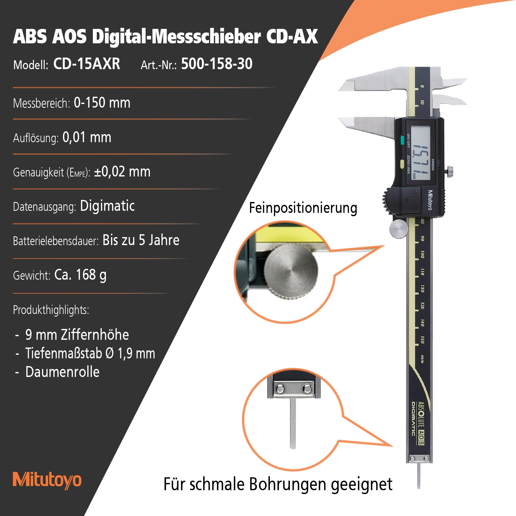 Mitutoyo 500-158-30 Digimatic Messschieber | 0,01 mm, Nullpunkt gespeichert, Antriebsrolle, Datenausgang