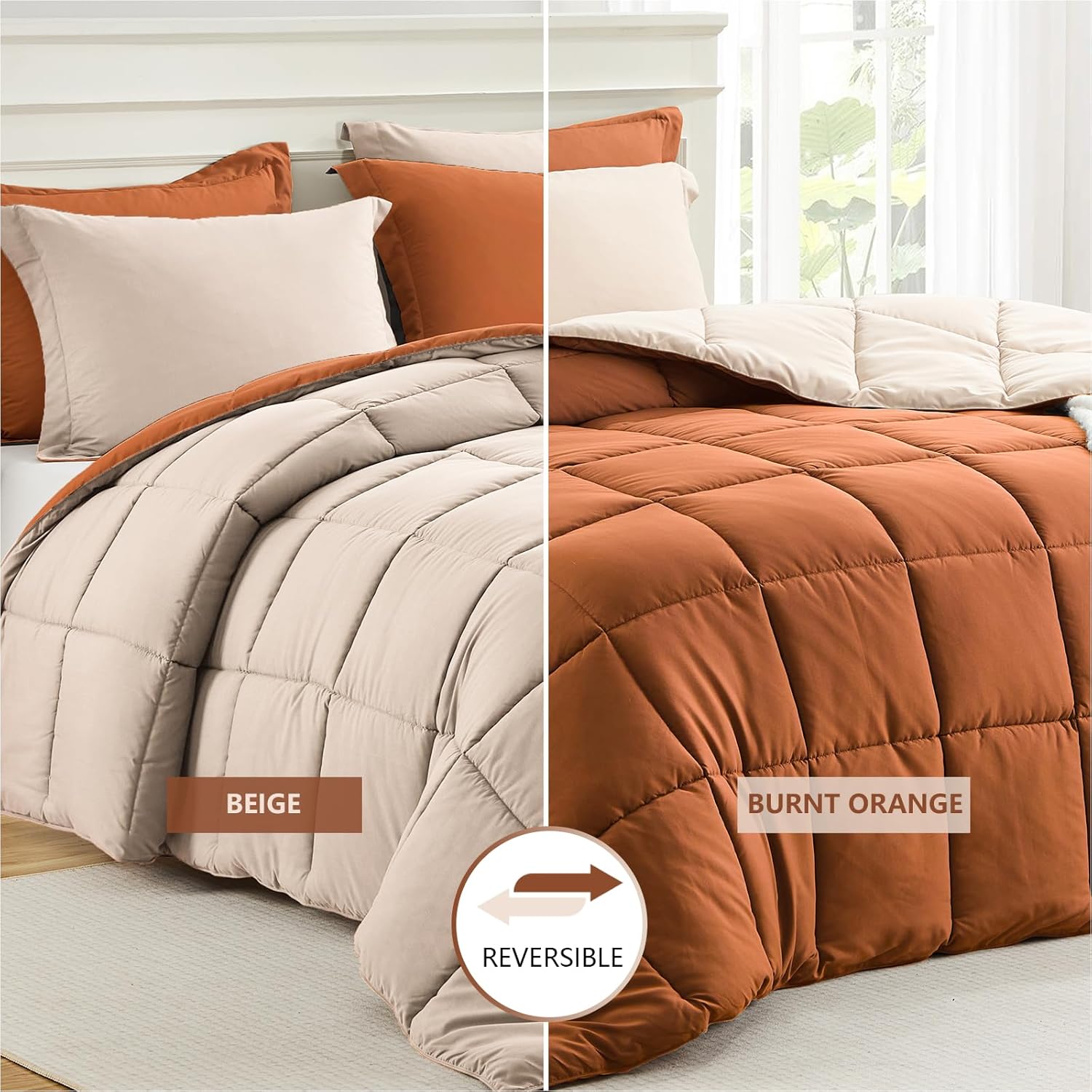Homelike Moment Queen Comforter Set Burnt Orange, Comforters Queen Size Set, Soft Lightweight Down Alternative Bed Comforter Full Size Reversible All Season 3 Piece Sets Burnt Orange/Beige - Image 2