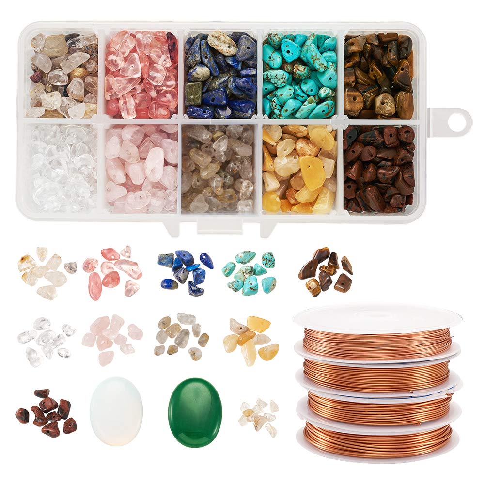PandaHall 1000pcs Irregular Chip Stone Beads Set Natural Gemstone Beads Crushed with 2pcs Gemstone Cabochons and 4 Rolls Copper Jewelry Wire for DIY Necklace Bracelet Earring Making
