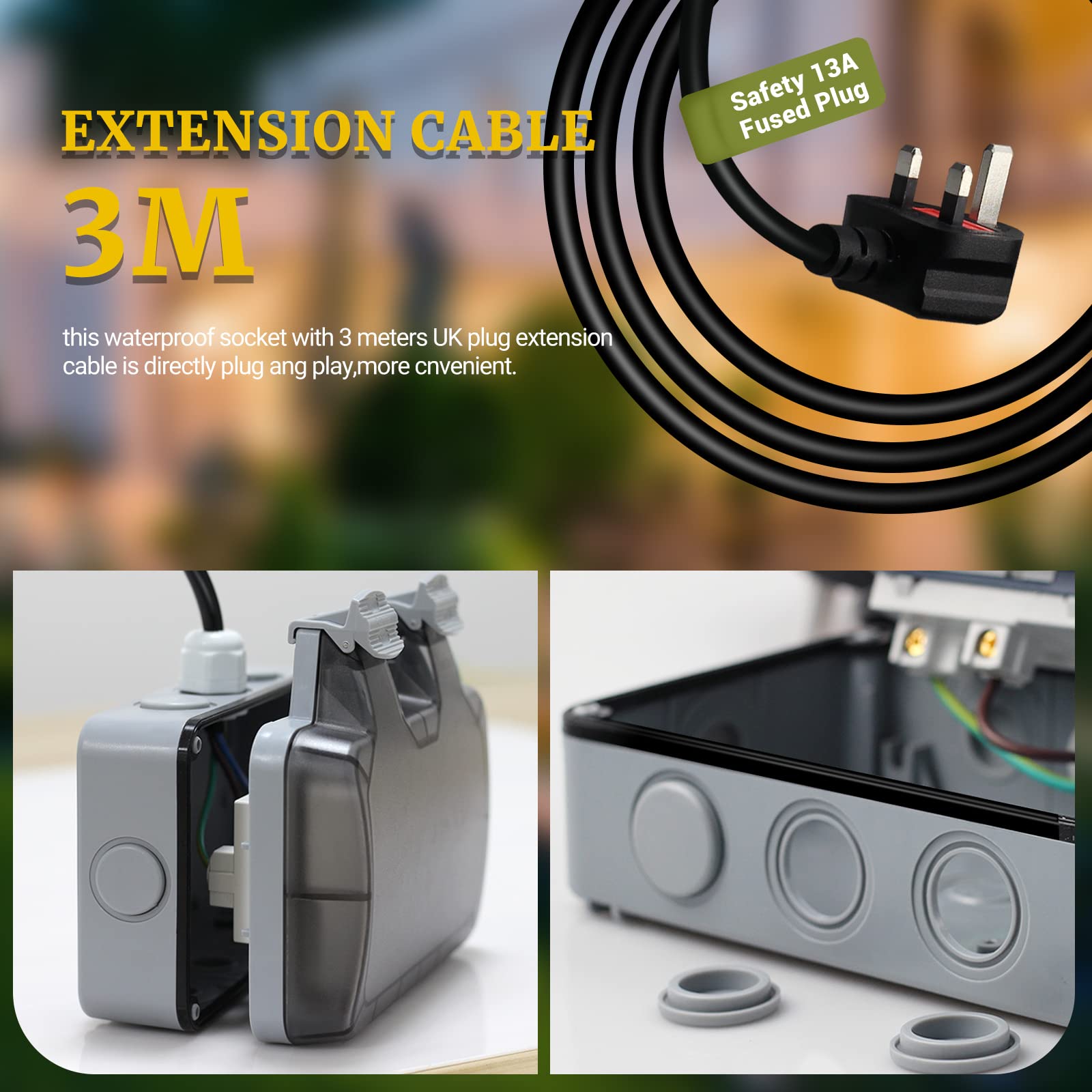 Buy Outdoor Sockets Weatherproof with 3M/10FT Extension Cable, 2 Gang