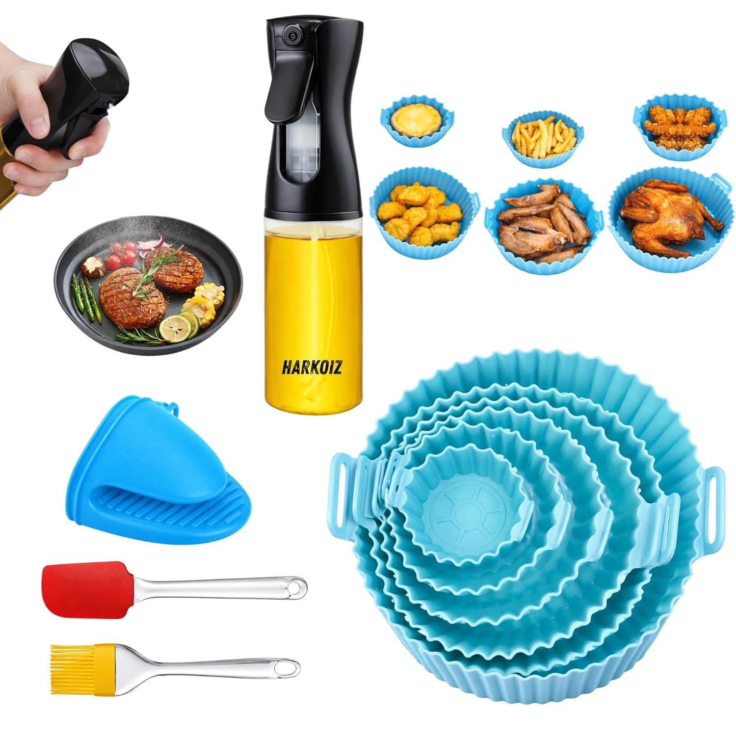 10-in-1 Air Fryer Accessories Combo Pack – Reusable Silicone Liners (6 Sizes) with 200ml Oil Mister, Silicone Brush, Spatula & Heat-Resistant Mitt – Non-Stick Kitchen Tools-image-43