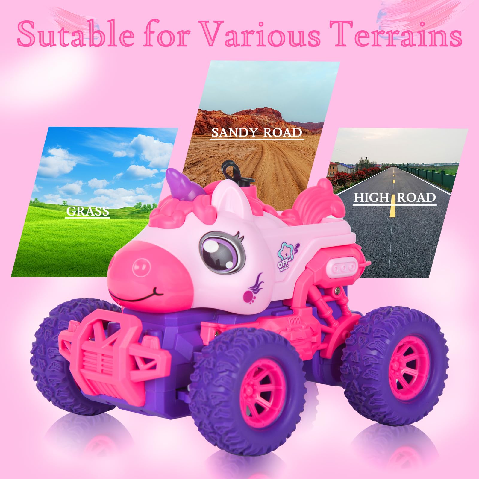 iBlivers Unicorno Macchina Telecomandato per Bambini, Monster Truck Telecomandata Giocattolo con Unicorno, RC Monstertruck Unicorn Car con luce LED Spray, Regalo per Ragazze e Ragazzi 4-7 8-12 Bambini