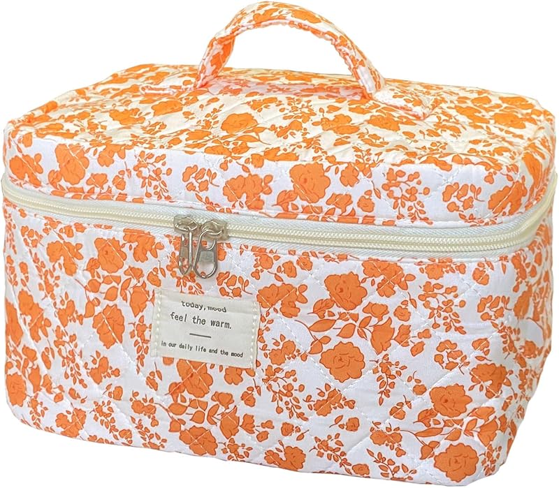 Necessaire de maquiagem WYJ laranja A-Orange com estampa floral e fechamento por zíper