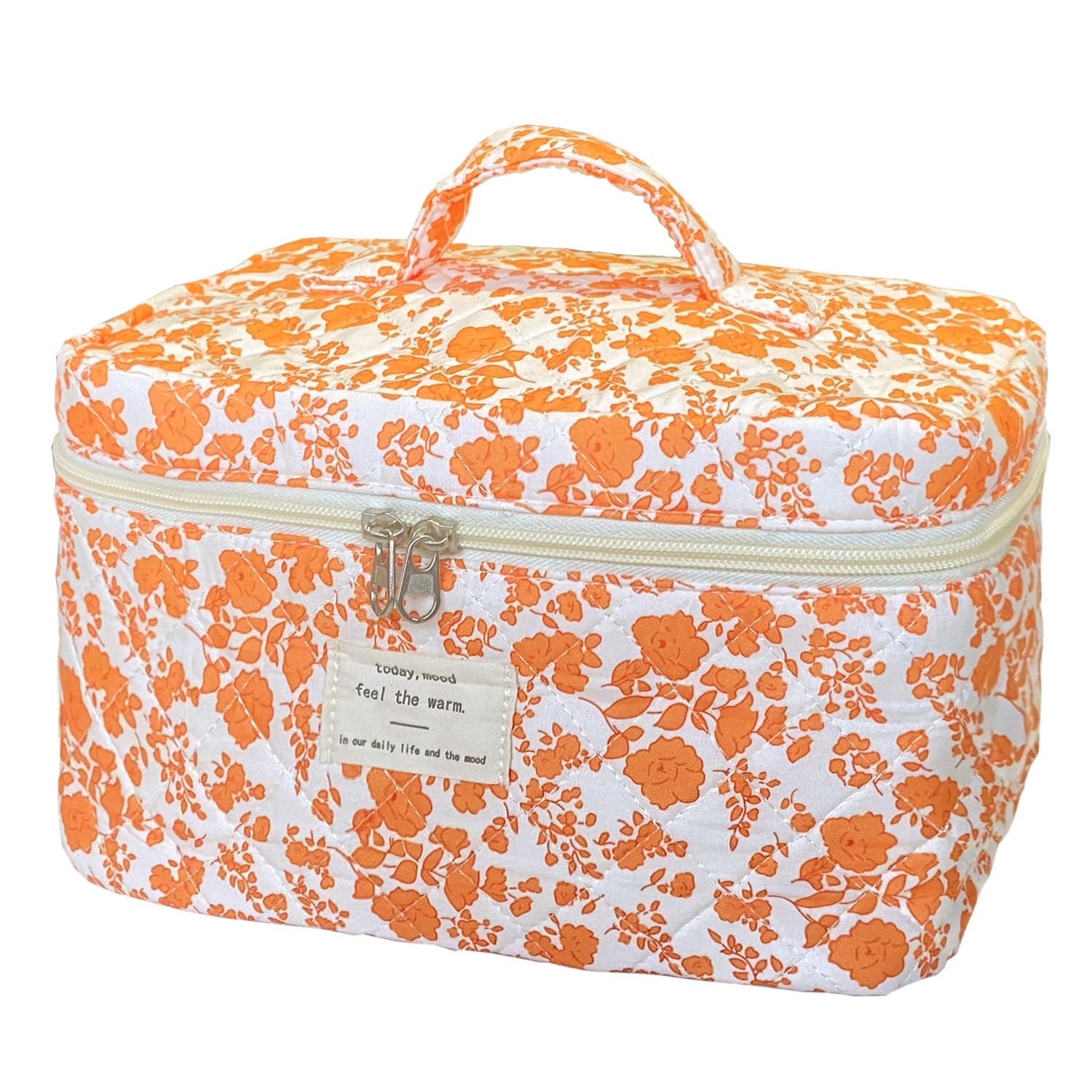 WYJ Orange Large Quilted Floral Makeup Bag Cute Soft Coquette Aesthetic Cosmetic Bag Cotton Travel Toiletry Bag for Women