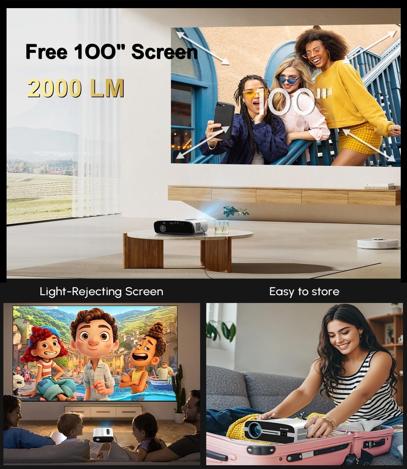 UHD Daytime Projector 2000 ANSI 4K [ANTI-LIGHT SCREEN INCLUDED] Home Theater Projector with WiFi 6 Bluetooth, 38W Speaker, 20-300", Auto Focus, Android TV, NFC, YouTube