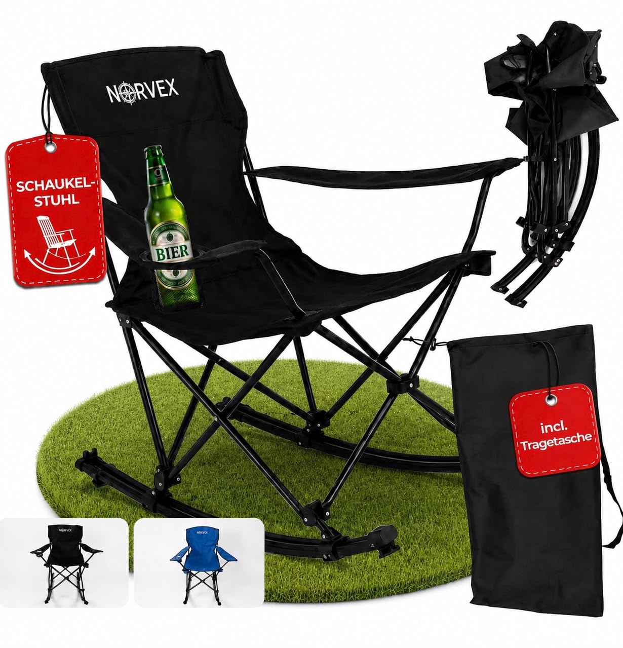 Campingstuhl faltbar Schaukelstuhl NEUHEIT zum Schaukeln mit Getränkehalter und Tragetasche, bequem+leicht+robust+stabil, Faltstuhl Festivalstuhl Anglerstuhl Swingstuhl Terassenstuhl (Schwarz)