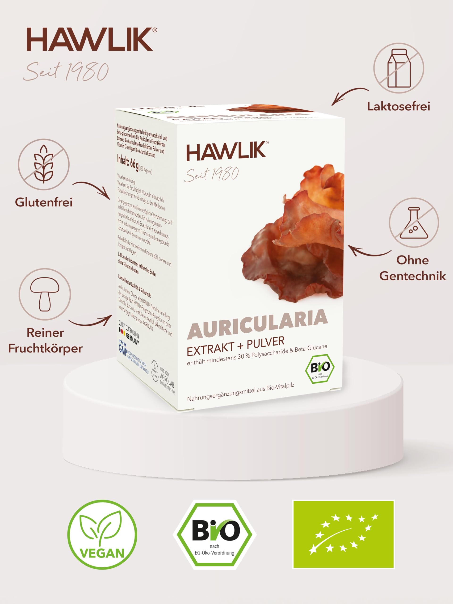 HAWLIK Vitalpilze Bio Auricularia Extrakt+Pulver Kapseln - 120 Kapseln im Blister - Mit Vitamin C - Extrakt & Pulver - Natürlicher Anbau - Vegan