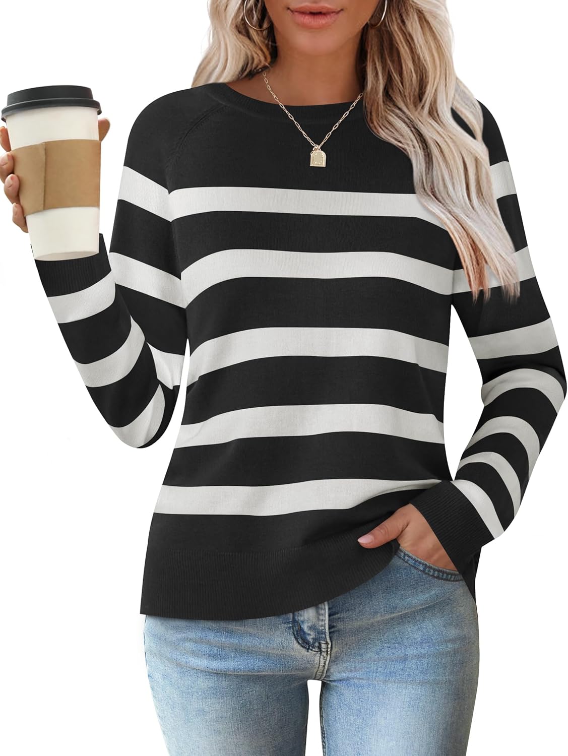 ZESICA Women's Long Sleeve Lightweight Striped Tops 2026 Fall Crewneck Ribbed Knit Shirts