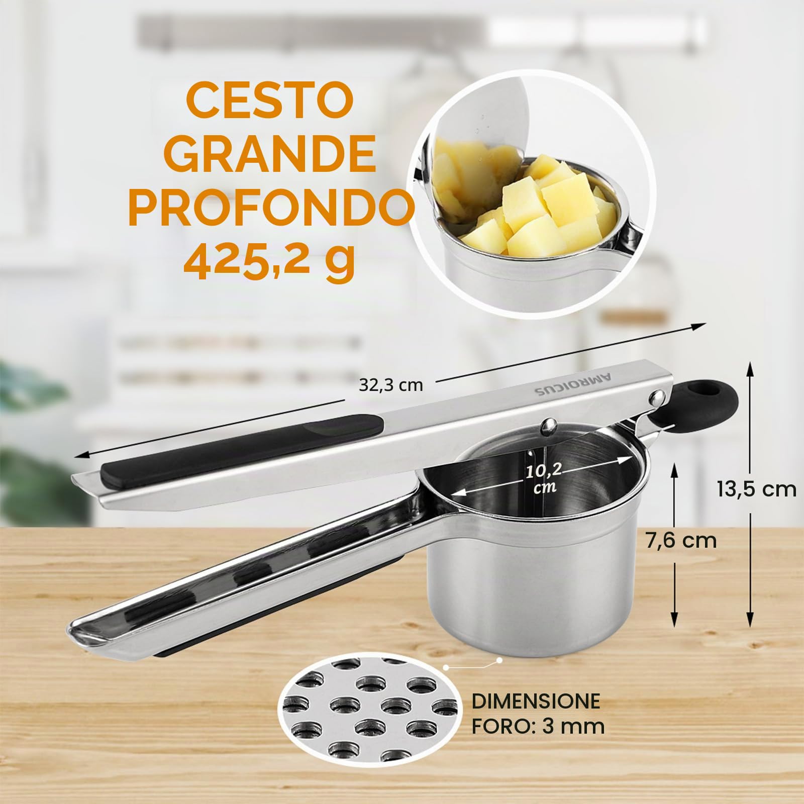 Schiacciapatate in Acciaio Inox, Grande Pressa Patate 450ml, Utensile da Cucina Robusto per Purè Morbido e Omogeneo, Passapatate e Gadget da Cucina, Macchina per Spaetzle e Gnocchi