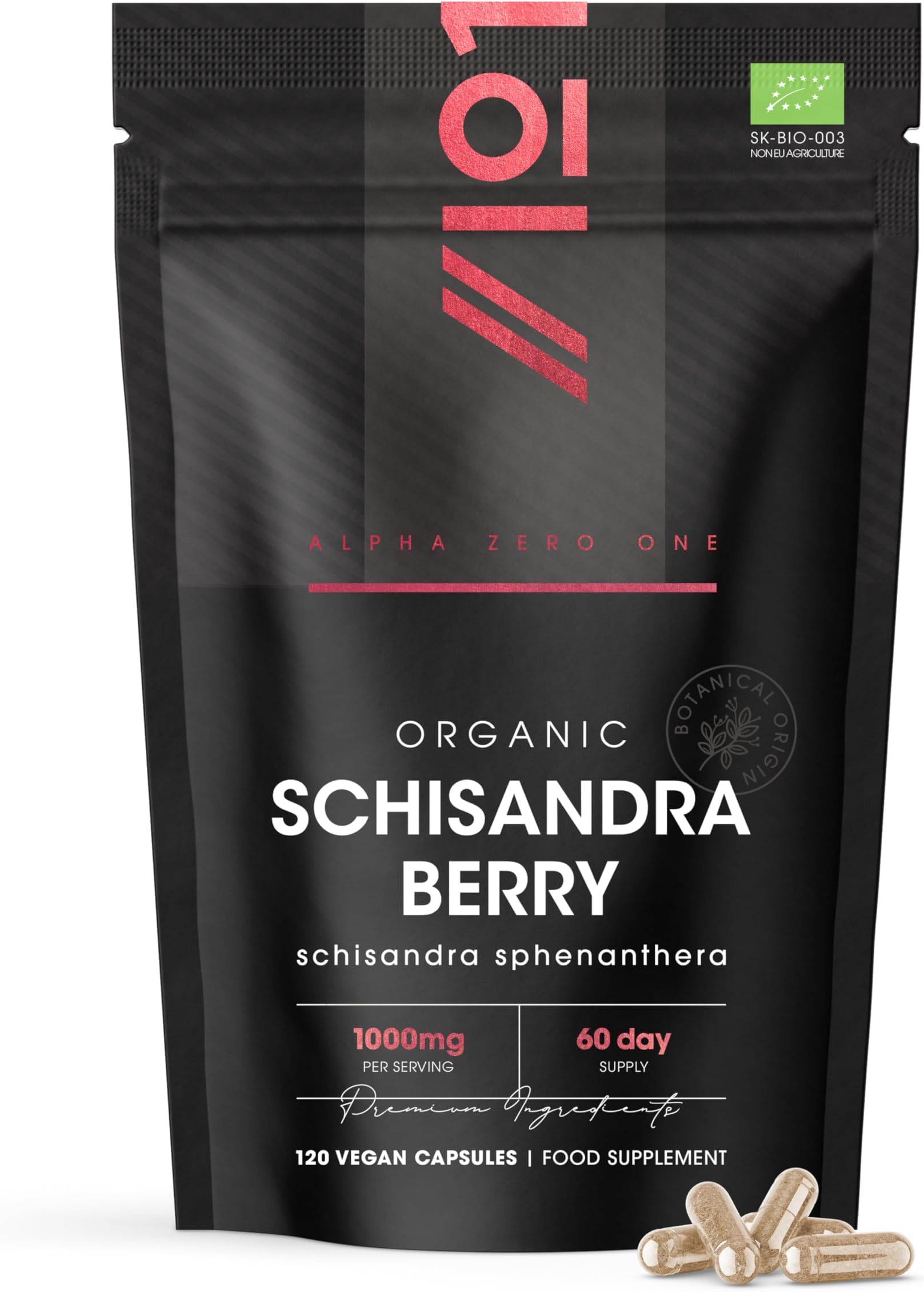 Organic Schisandra Berry 1000mg – High Strength Formula - 120 Vegan Capsules – Resealable and Recyclable Pouch by Alpha01