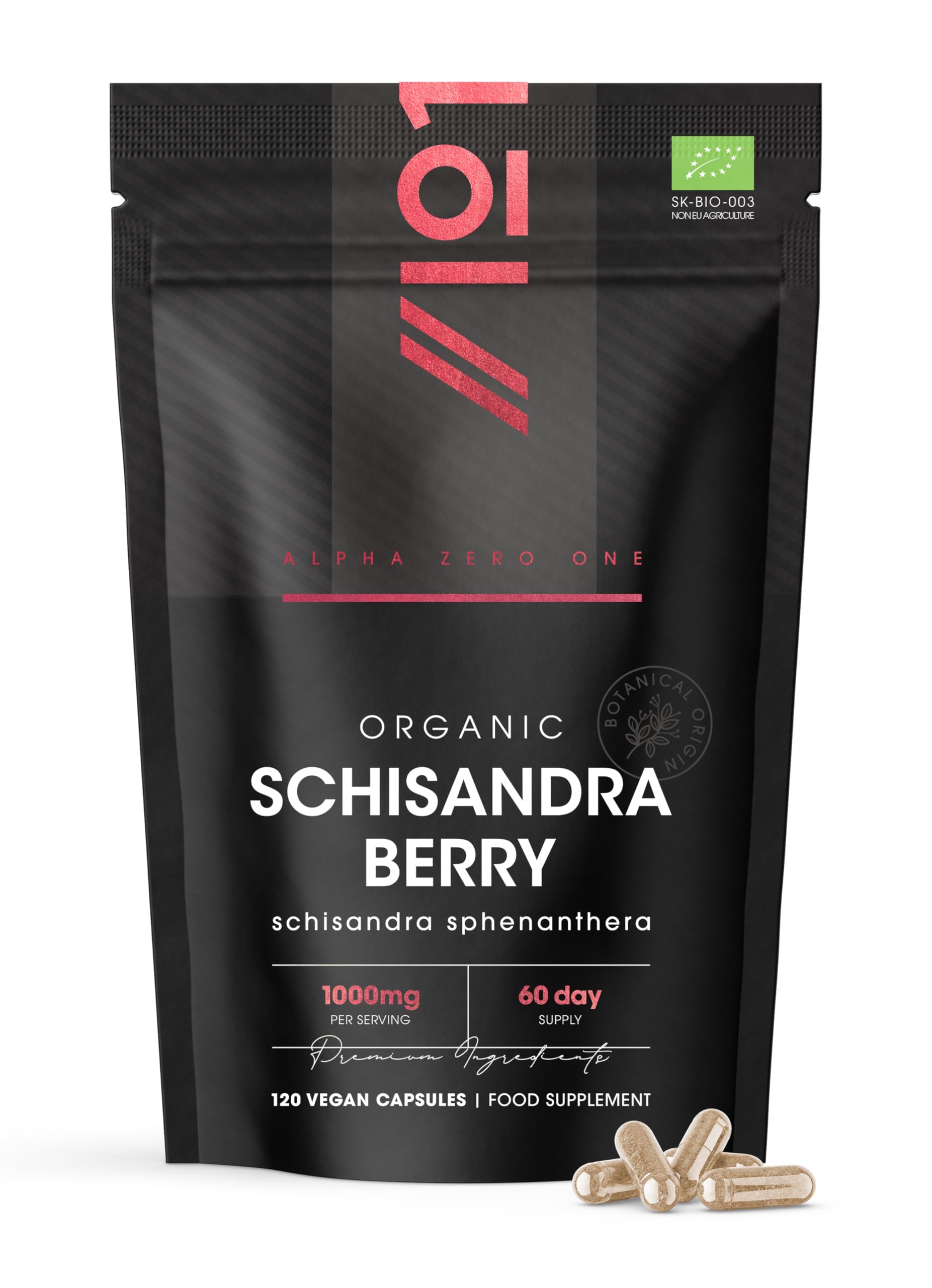 Organic Schisandra Berry 1000mg – High Strength Formula - 120 Vegan Capsules – Resealable and Recyclable Pouch by Alpha01