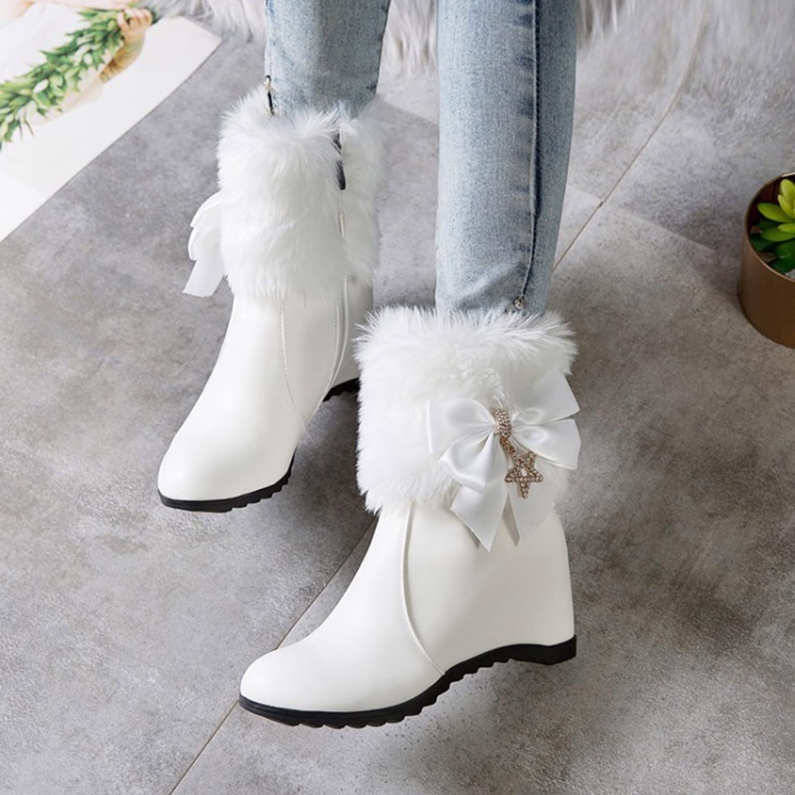 Scarpe Donna Stivali 2026 Cerniera Laterale Decorativa con Fiocco in Pelle Moda all'Interno Corti Cotone Tacco A Zeppa Anfibi Neri Pelo