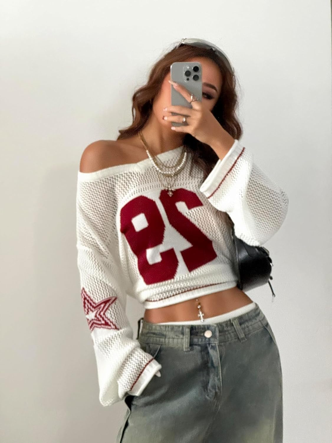 Verdusa Women's Y2k Tops Jersey Shirts Oversized Crochet Graphic Going Out Tops V Neck Pullover Sweater Streetwear - Image 5