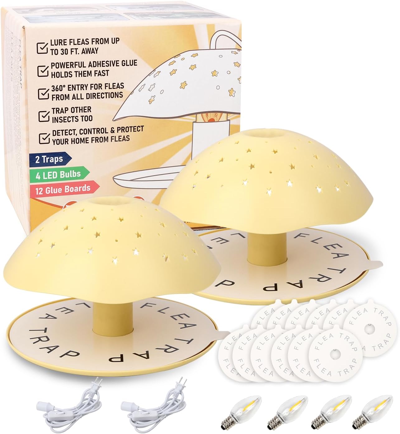 Flea Trap, 2 Packs of Sticky Flea Traps for Inside Your Home, with 12 Sticky Discs & 4 Bulbs & 2 Electric Wires, Indoor Bed Bug Trap Pest Control, Friendly to Pets & Children 2 Packs Light Yellow