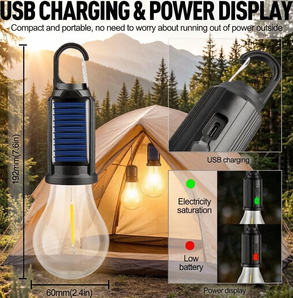 4 Packs Solar Tent Camping Lantern Rechargeable, Portable LED Outdoor Waterproof Emergency Lanterns with 3 Modes, Hanging Tent Light Bulbs with Clip Hook for Camping Hiking Hurricane Outages