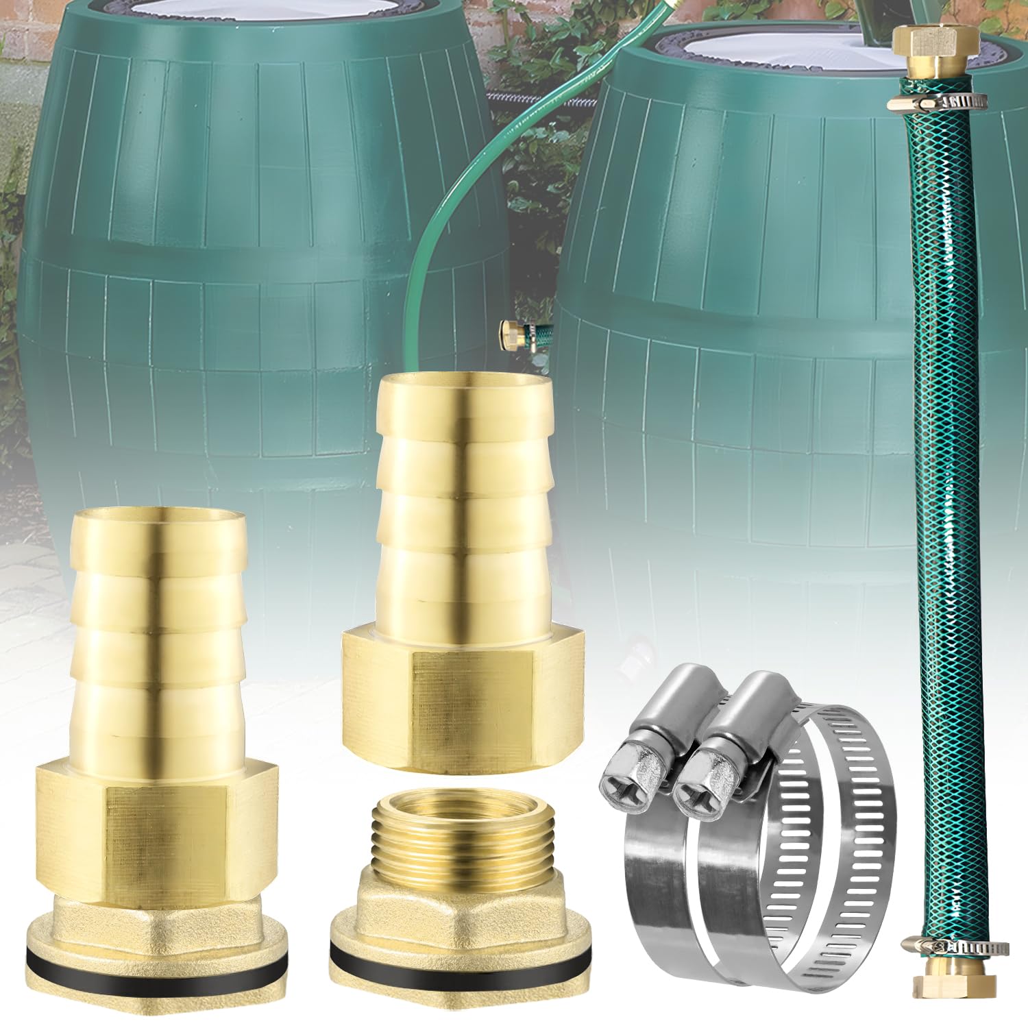 Connettore per serbatoio dell'acqua piovana da 3/4 pollici con tubo, set di collegamento con 2 passacavi in ottone e tubo di collegamento da 100 cm, 2 fascette stringitubo