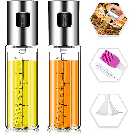 Olive Oil Sprayer,Norbase 2pack Oil Dispenser Mister for Cook Refillable Oil Vinegar Dispenser Glass Bottle with Measurements for BBQ Baking Roasting Frying Oil Control Diet 100ml with Brush Funnel