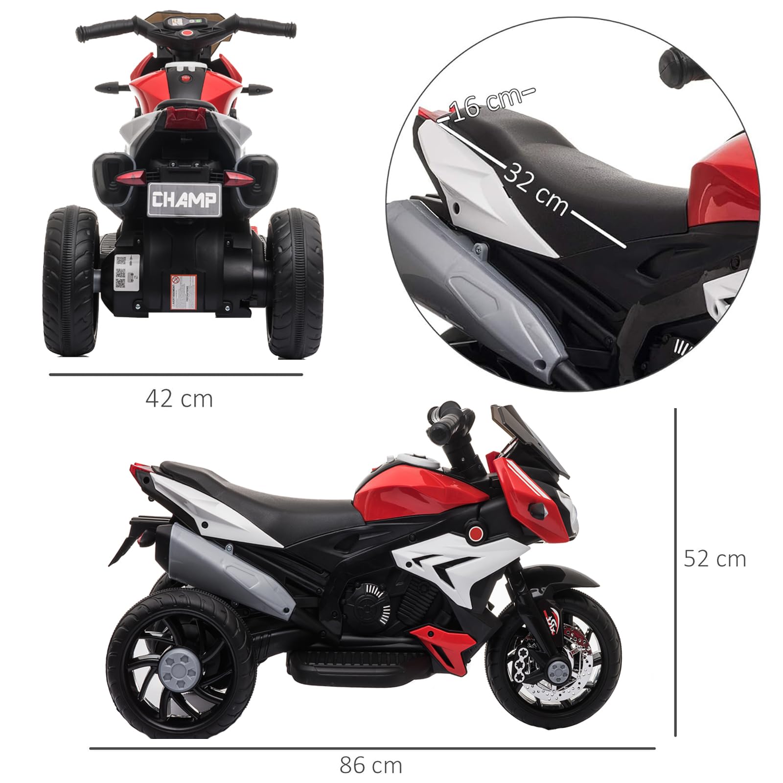 LEADZM Elektro Motorrad Kinder Elektromotorrad Kindermotorrad Kinderfahrzeug, 6 V 7 Ah Elektro-Dreirad für Kinder von 3–6 Jahren (Rot)