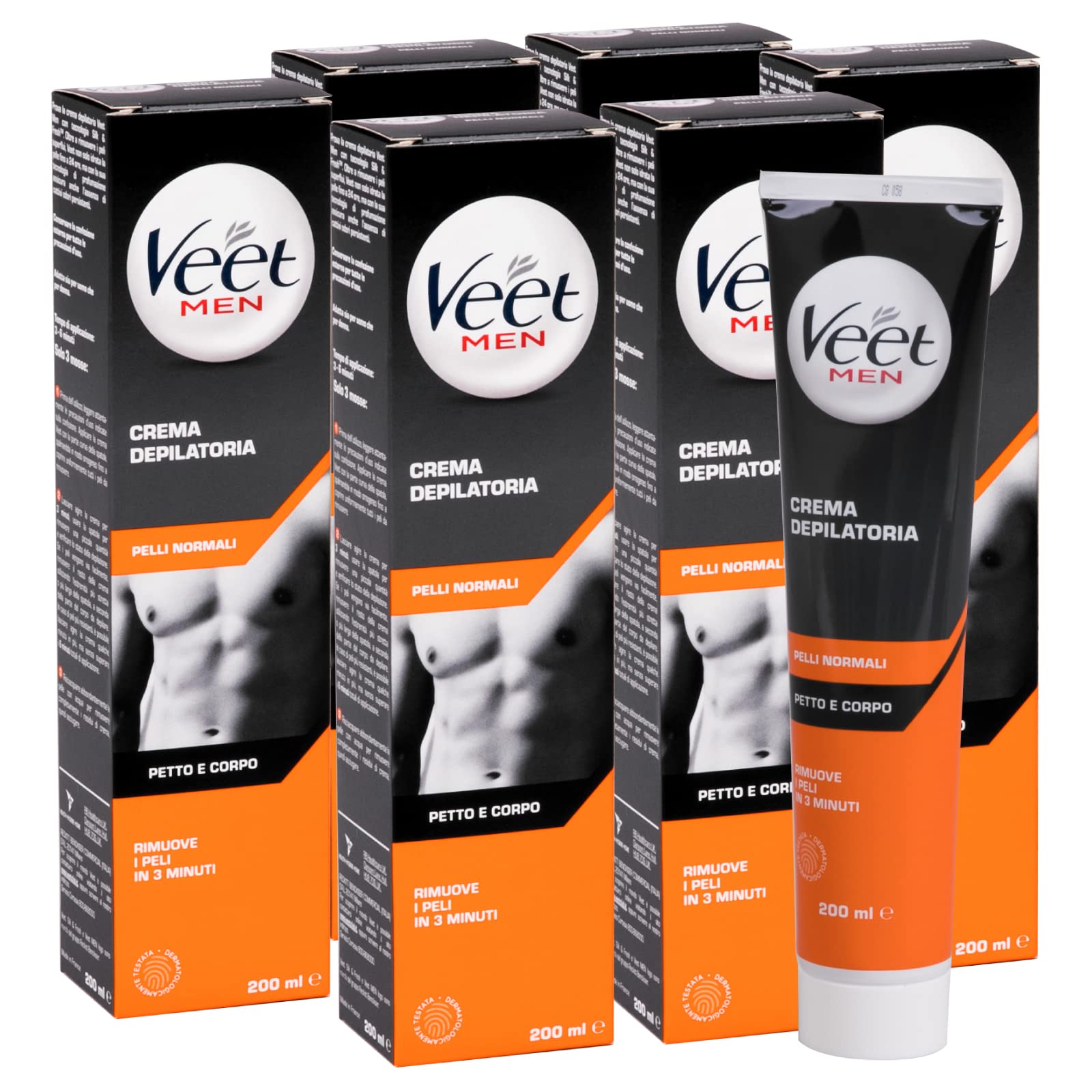 6x Veet For Men Crema Depilatoria per Uomo Silk & Fresh per Pelli Normali Idratante e Profumata Con Spatola di Applicazione e Rimozione Crema - Flaconi da 200ml