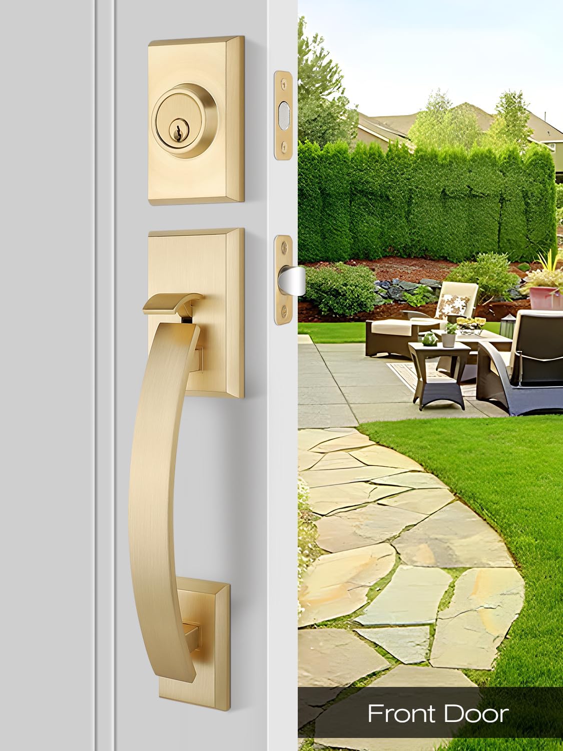 EHOMEWARE Front Door Lock Set, Front Door Handle with Single Deadbolt, Exterior Door Handle Gold, Entry Door Handle with Reversible Door Knob, Universal for Left/Right Sided Doors, Satin Brass Finish