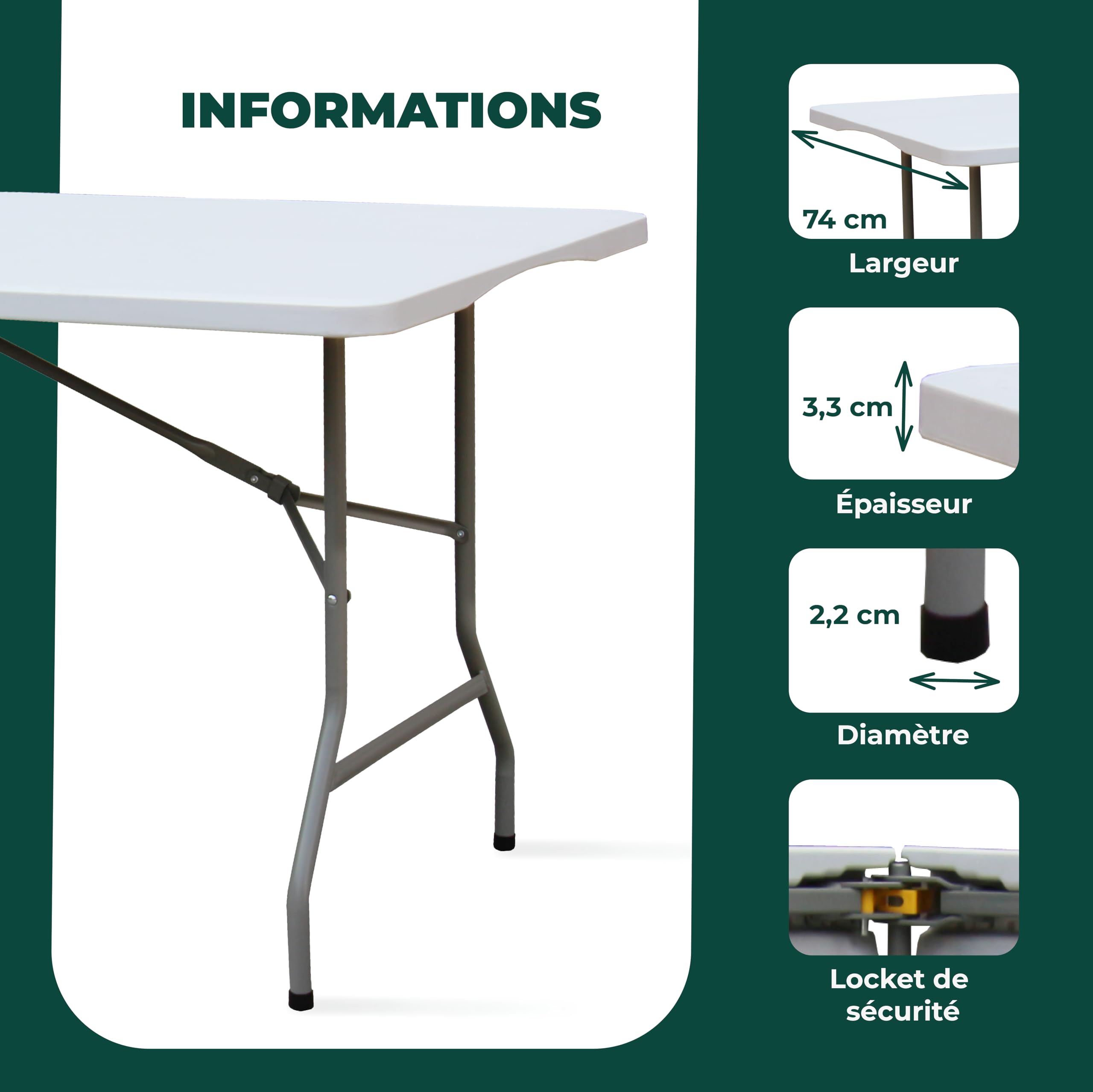 KAMBERG® - Table Pliante 180 x 74 x 74 cm - Rectangulaire Blanche 6/8 Personnes - Table de Jardin - Table de Camping